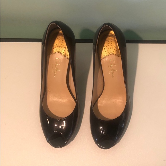Cole Haan Collection Black Patent Leather Peep Toe High Heels Size 9 No Box Used - Picture 4 of 8